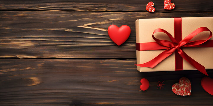 Valentines gift box on wooden background,,
White present with a red ribbon and paper hearts isolated on a dark wooden background