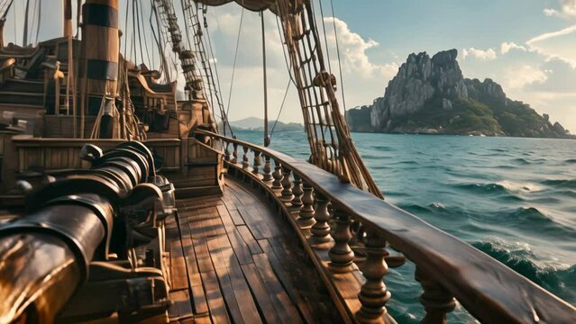 A medieval galley deck sailing ship exterior close-up with ropes and mast and an island in the distance animation
