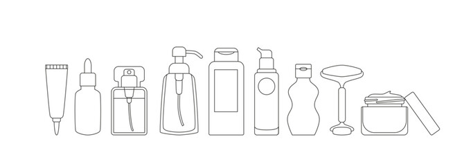 Linear cosmetics packaging - jars, bottles, tubes, facial roller. Skin and body care, beauty routine - cream, serum, cleanser, spray, perfume. Organic cosmetics icons, doodles. Coloring book.