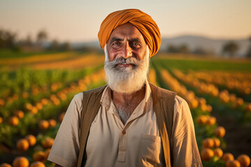 senior Indian farmer standing at agriculture field - obrazy, fototapety, plakaty