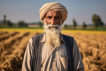 senior Indian farmer standing at agriculture field - obrazy, fototapety, plakaty