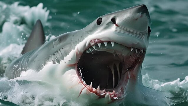 Great White shark attacks with open mouth and huge teeth from the sea close-up slow motion marine life animation