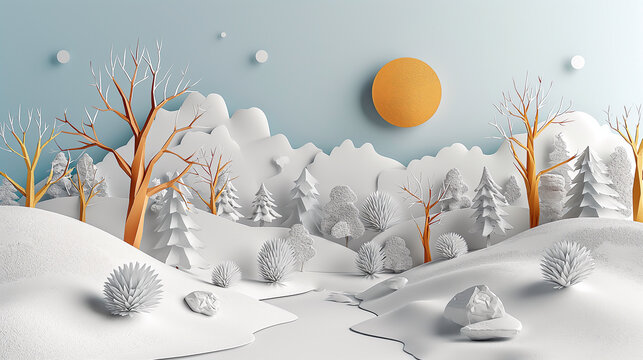 Paper art of snowy winter with pastel colors © okki