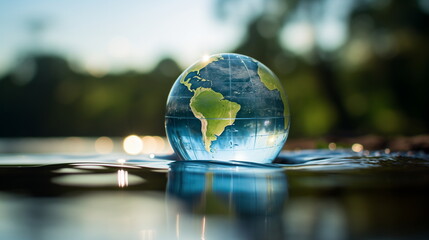 A globe in water with green and blue continents