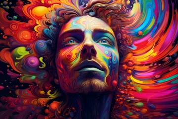 Eccentric Man colorful psychedelic colorful. Artwork poster. Generate Ai