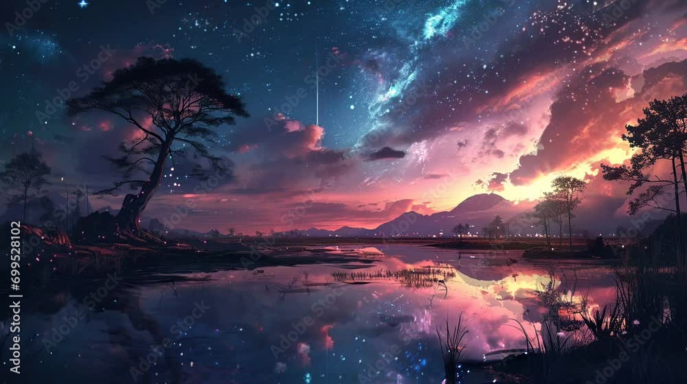 Poster sunset over the river. seamless looping time-lapse virtual video animation background.