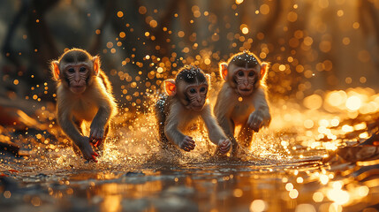 Monkey family running out from the wild, blured background with gold light, fantacy concept for...