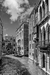 Black and white view of the San Marco district and the Rio dei Barcaroli near the Frezzaria swimming pool, Venice, Italy	