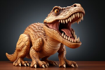 Wooden T-Rex Dinosaur Toy, on an isolated Jurassic Brown background, Generative AI