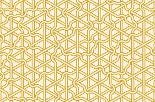 Seamless pattern of tangled tubes. Hexagonal Truchet, creative coding computational design. Compatible with all versions of Illustrator CC.