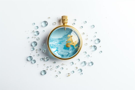 A globe in a gold frame surrounded by water drops