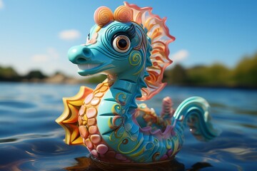 Colorful Rubber Seahorse Toy, on an isolated Ocean Blue background, Generative AI