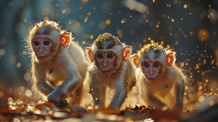 Monkey family running out from the wild, blured background with gold light, fantacy concept for year of monkey,