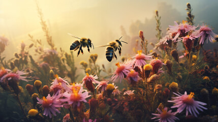 Bees pollinate flowers - obrazy, fototapety, plakaty