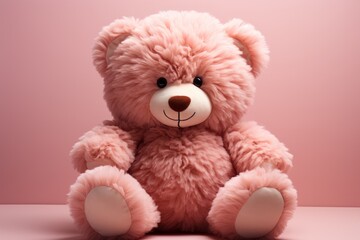 Fototapeta premium Cute Plush Teddy Bear Toy, on an isolated Pastel Pink background, Generative AI