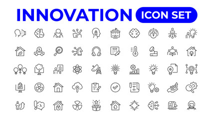Innovation icon set. Containing creativity, invention, prototype, visionary, idea generation.Outline icon collection.