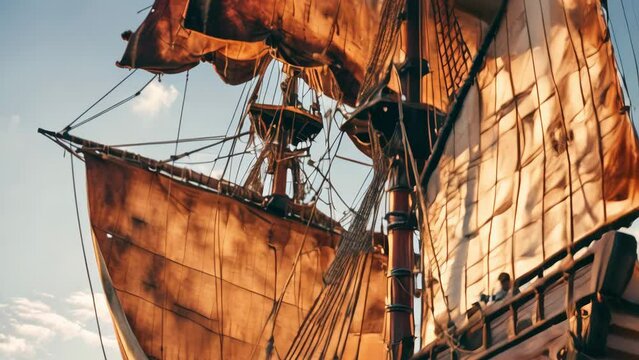 Medieval pirate ship galley close-up scene on the sails