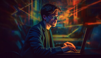 Young man using laptop neon lights. Male hands are typing on a laptop keyboard, a man works, develops a business, studies, plays a computer game at night. Close-up view.