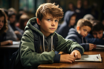 Fototapeta na wymiar Happy Caucasian schoolboy sitting at desk at school before class