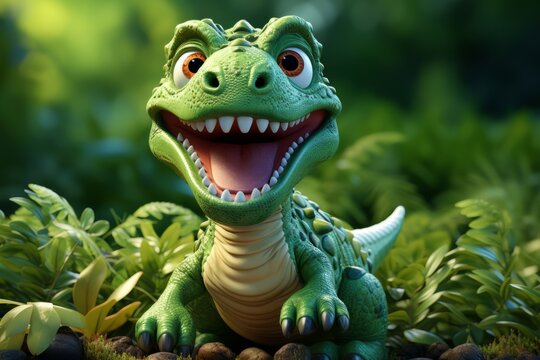 Playful Toy Dinosaur, on an isolated Jurassic Green background, Generative AI