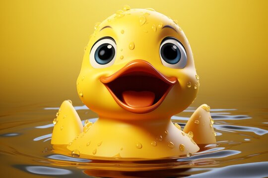 Smiling Rubber Duck Toy, on an isolated Sunshine Yellow background, Generative AI