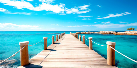 The long wooden bridge over the transparent turquoise sea or ocean. jetty on turquoise sea in sunny day.