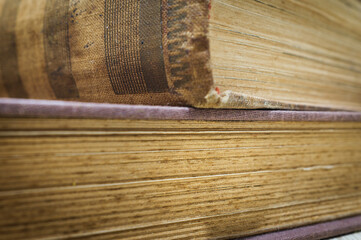 Macrophotographic view of the pages and spine of old books, with shallow depth of field and lots of texture.