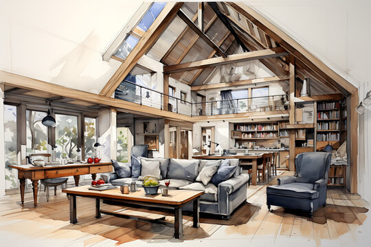 Boceto minimalista a lapiz y acuarela de interior de viviendas con mobiliario sencillo y sostenible