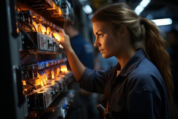 Fototapeta na wymiar Electrician woman checking the connections in a commercial electric switchboard with a multimeter, guaranteeing functionality, Generative AI
