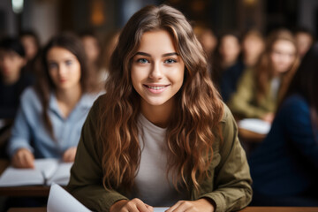 Happy Caucasian schoolgirl sitting at desk at school before class