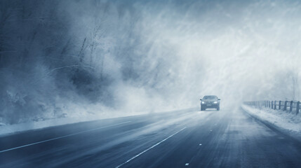 Blizzard on the road dangerous snowfall