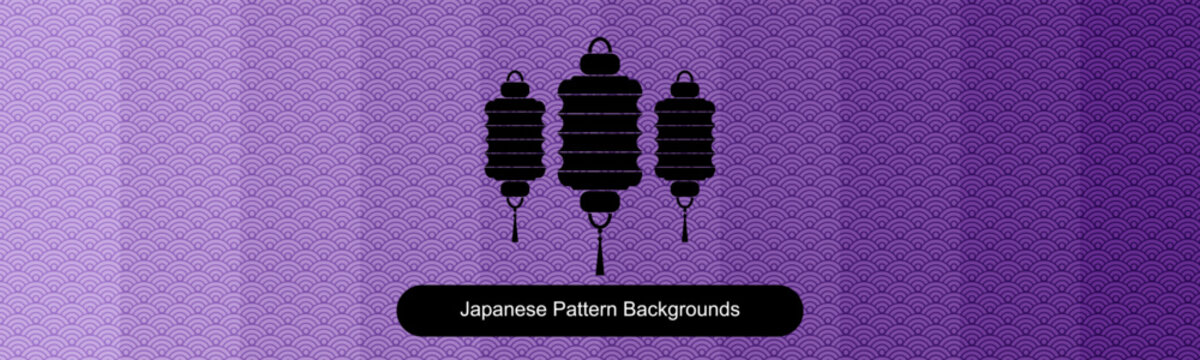 set of of japanese pattern background with traditional lanterns and purple color