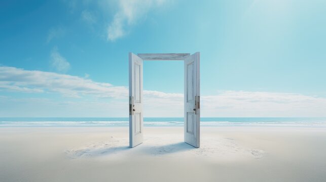 Open door with access to the beach. Travel and vacation concept
