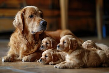 Adorable Golden Retriever puppies with their mother on wooden floor