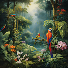 A rainforest with exotic birds and lush vegetation.