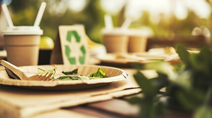 The concept of zero waste and recycling. Use of eco-friendly paper tableware and packaging made from biodegradable materials Delivered food in eco friendly paper packaging boxes on wooden table