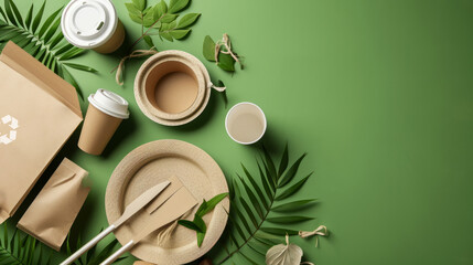 The concept of zero waste and recycling. Use of eco-friendly paper tableware and packaging made from biodegradable materials Delivered food in eco friendly paper packaging boxes on wooden table