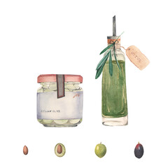 Composition with bottle of olive oil and jar of green olives