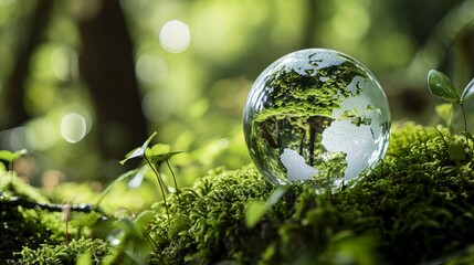 Obraz na płótnie Canvas Green Globe In Forest With Moss And Defocused Abstract Sunlight Concept of earth protection day or environmental protection hands to protect the growing forest