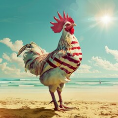 White rooster with red stripes on the beach. Toned.