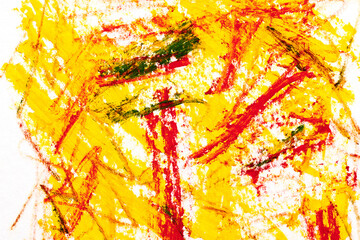 Yellow and red abstract background, art collage. Blots, paint strokes, lines and stains on white paper