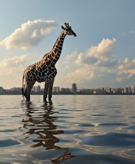 Giraffe in the water, 3d render, illustration.