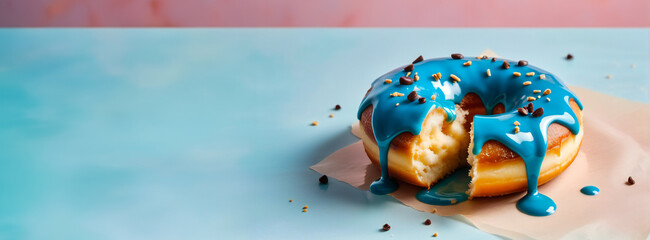 A delicious bitten glazed donut with on the pastel blue and pink background banner. Wallpaper with copy space.