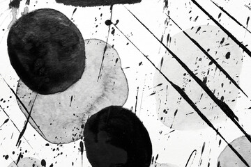 Black and white abstract background, art collage. Graphic lines and round geometric shapes