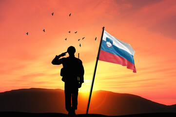 Silhouette of a soldier with the Slovenia flag stands against the background of a sunset or sunrise. Concept of national holidays. Commemoration Day.