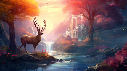Fantastic landscape lone deer