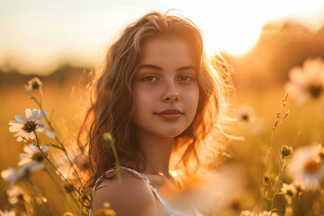 A beautiful young girl in a field with flowers, sunset, golden hour