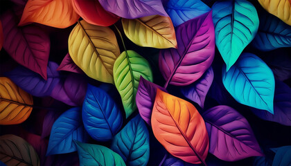 Tropical multi colored neon leaves background texture. Texture bright blue green,yellow,purple,green leave tropical forest plant spathiphyllum cannifolium in dark nature background. Curve leaf 