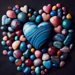 Fototapeta na wymiar Heart shape of colorful marble stones in a dark black background. AI generated illustration
