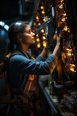 Fototapeta premium Professional female electrician inspecting the connections of a control panel in a data center, maintaining critical infrastructure, Generative AI